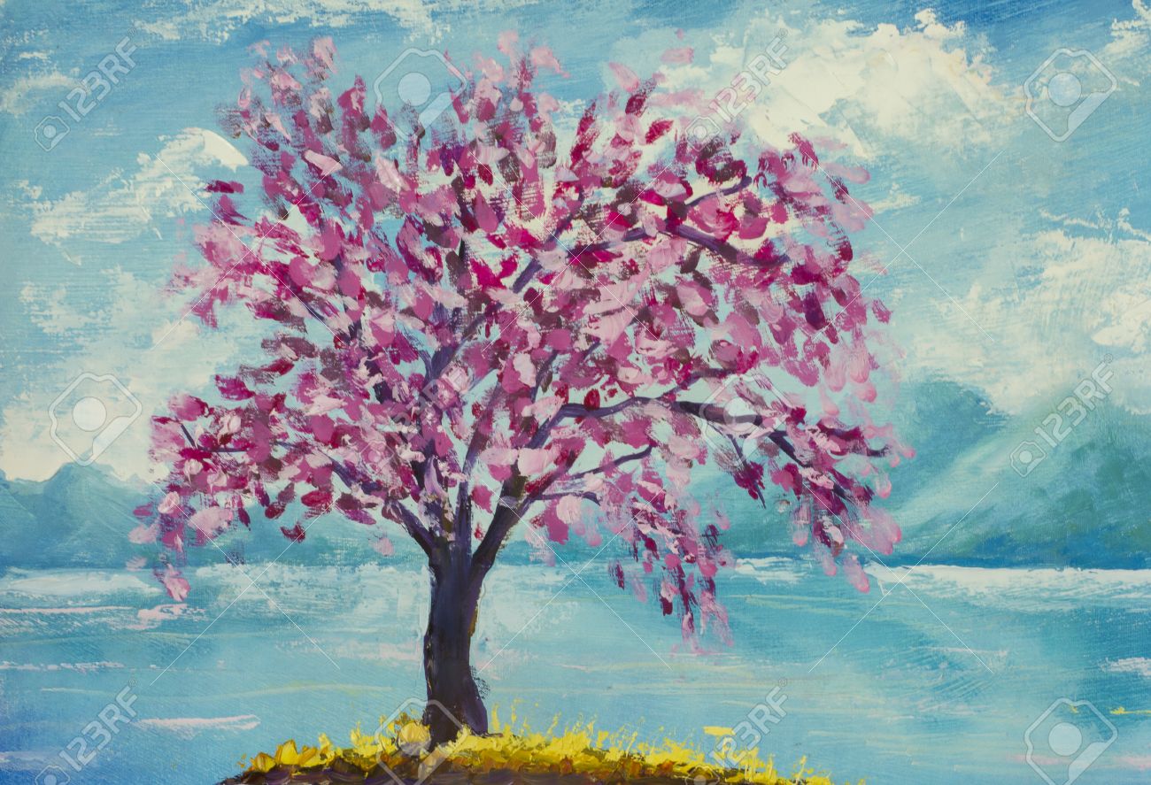 駅前の桜」 手描き 油絵 風景画 原画 油彩画 （春の息吹展